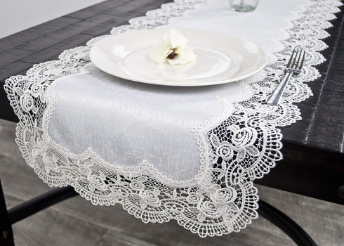 White Royal Rose European Antique Lace Jacquard Table Runner, Dresser Scarf (16Wx36L)...