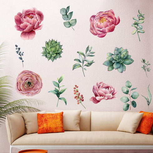 Amaonm Removable 3D Beautiful Pink Red Peony Flowers with Green Plants Leaf Wall Decal Wall Stickers DIY Peel and Stick Art Decor for Kids Girls B...