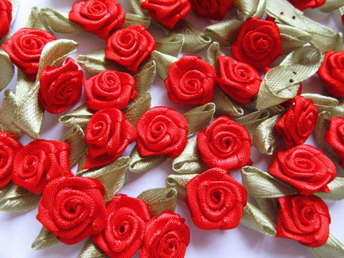 YYCRAFT Pack of 100 pcs Red Satin Ribbon Rose w/Leaf Wedding Bride Appliques/craft...
