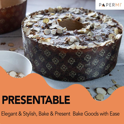 Round Paper Cake Pans – 12pcs, 8” x 2.4”, 35oz – Oven, Microwave & Freezer Safe Panettone Paper Mold With Hole – Non Stick, Disposable & Presentab...