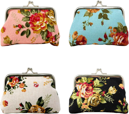 Honbay 4PCS Canvas Floral Rose Flower Coin Purse Kiss Lock Change Purse Vintage Trinkets Pouch Small Women Wallet Clutch Purse...