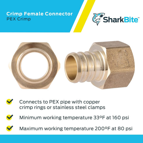 SharkBite 3/4 x 1/2 Inch FNPT Crimp Connector, Brass Plumbing Fitting, PEX Pipe, PE-RT, UC092LFA...
