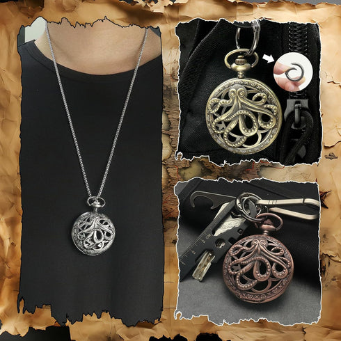 Mini Dice Necklace Tiny DND Dice with Pocket Watch Shell Silver Octopus Metal Case D&D Dice Set Portable 7PCS Keychain Dice Antique Iron Cthulhu D...