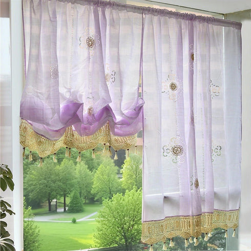 ABREEZE Cutwork Crochet Embroidered Curtain,Tassels Curtains Tie-Up Shade Sheer Curtains Adjustable Valances for Living Room,Light Purple 1Panel...