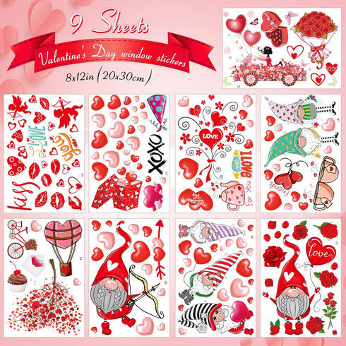 Whaline 149Pcs Valentine's Day Window Cling Stickers Double-Sided Heart Elf Gnome Love Rose Decals PVC Waterproof Window Stickers Decor for Weddin...