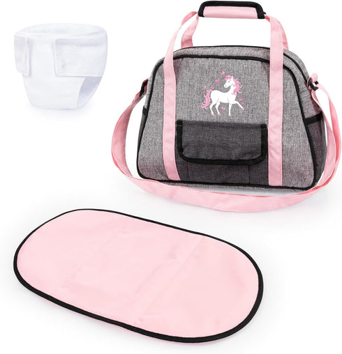 Bayer Design: Nursery Set - Doll Bag Set - Grey, Pink, Unicorn - Accessory Set w/Changing Mat & Diaper, Adjustable Shoulder Strap, Kids Ages 18+ M...
