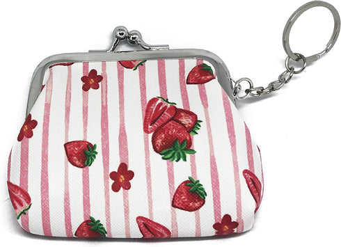 Pink Strawberry Pink Stripes Coin Purse Buckle Pouch Kiss-lock Clasp Change Purse Keychain Wallet...