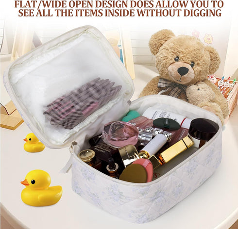 Large Quilted Makeup Bag,Travel Coquette Cosmetic Bag, Aesthetic Cute Floral Toiletry Organizer skincare Bag for Women Girls,Elegant Makeup Essent...