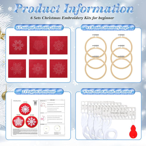 6 Sets Winter Embroidery Kit for Beginners Snowflakes Christmas Cross DIY Needlepoint Kit with Patterns, Instructions, Embroidery Hoops, Threads, ...
