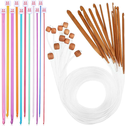23 Pieces Tunisian Crochet Hooks Set 3-10 mm Cable Bamboo Knitting Needle with Bead Carbonized Bamboo Needle Hook 2-8 mm Assorted Color Tunisian A...