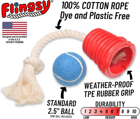 Made in USA Flingsy Dog Ball Launcher and Rope Tug Fetch Thrower Combination Throwing Toy with 100-Percent Natural Cotton Rope...