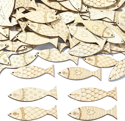 Ipotkitt 100 Pcs Random Undyed Wooden Fish Charms Old Lace Sea Animal Cutouts Unfinished Wood Summer Pieces for DIY Craft Supplies Keychain Home P...