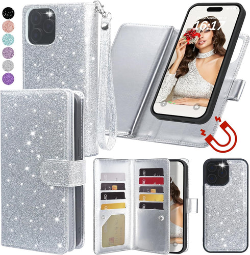 Varikke for iPhone 13 Pro Wallet Case Detachable with Card Holder for Women, Fashion Glitter PU Leather Strap Strong Magnetic Flip Wallet Removabl...