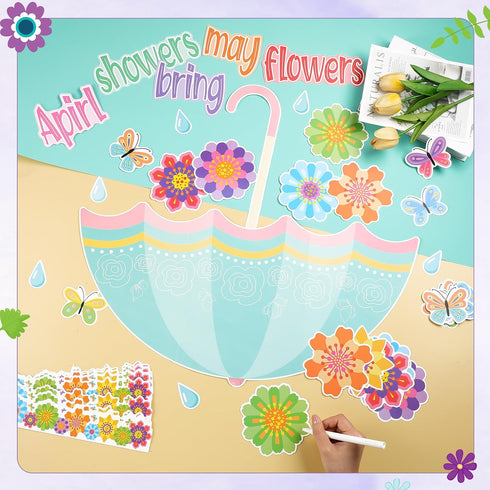 TaoBary 96 Pcs April Showers Bring May Flowers Bulletin Board Cutouts with 3D Tissue Paper Flower Spring Bulletin Board Classroom Decoration for S...