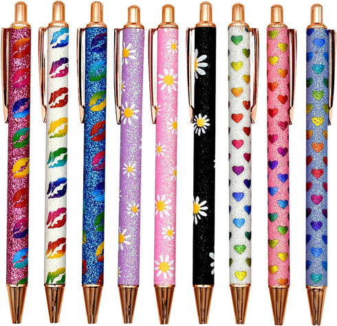 9PCS Sparkle Glitter Heart Pens Metal Daisy Flower Pen Weeding Pen Retractable Ballpoint Pens Lip Print Pen Gift Pen For Women Girls Ladies School...