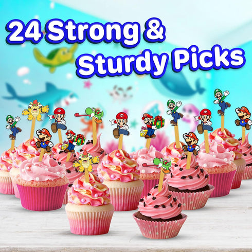 24x Classic Video Game Cupcake Toppers – Strong Picks Happy Birthday Décor, Cupcake Decorations for Kids Birthdays...