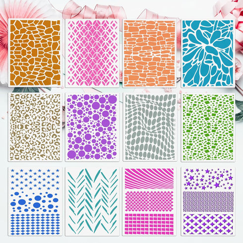 12 Geometric Painting Stencils, 11.4"x8.3" Art Templates for Crafts Reusable, Plastic Painting Stencils for Painting on Wood, Furniture Wall Scrap...