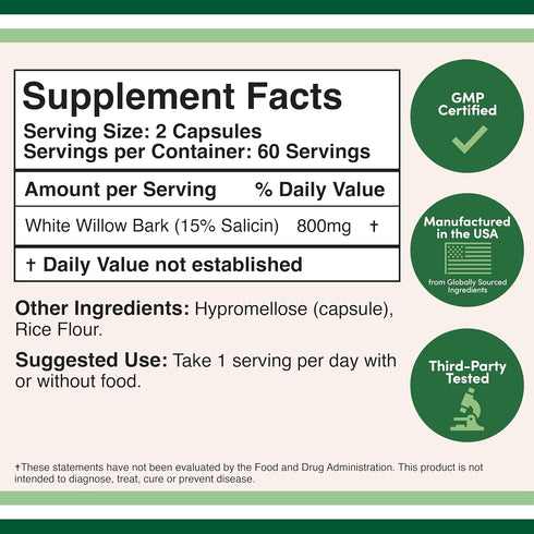 White Willow Bark Capsules 800mg per Serving, 120 Count (Willow Bark Extract Std. to 15% Salicin for Joint and Muscle Relief), Vegan Safe, Non-GMO...