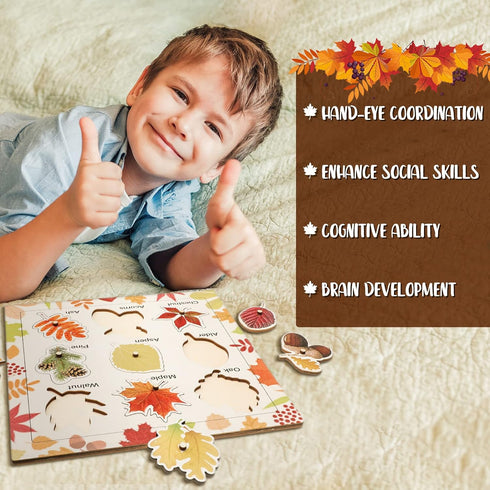 Leaf Wooden Jigsaw Puzzles with Knobs Educational Learning Stem Toys Thanksgiving Montessori Puzzle Christmas Mushroom Preschool Early Puzzle(Leaf...