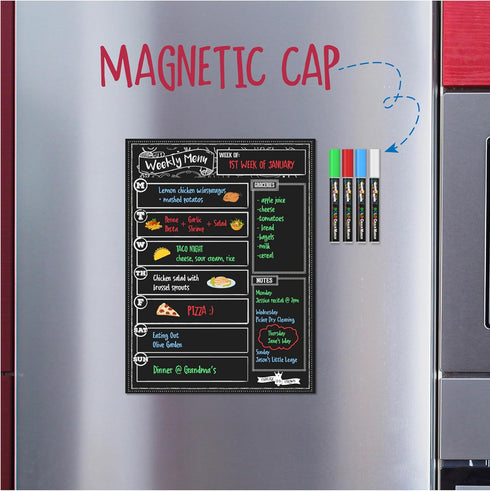 Magnetic Dry Erase Menu Board for Fridge includes 4 Liquid Chalk Markers - Weekly Meal Planner Blackboard, Grocery List and Notepad for Kitchen Re...