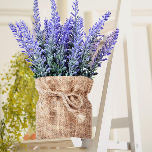 2 Pack Small Burlap Potted Lavender Flowers - Lavender Artificial Plants and Flocked Charming Purple for Warm and Loving Table Decor Christmas Dec...