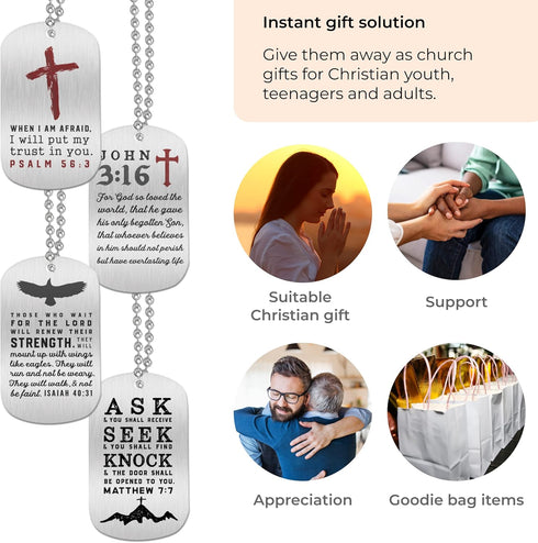 Inkstone Dogtag Necklaces | (4 Pack) | Bible Verses Psalm 56:3, Isaiah 40:31, and Matthew 7:7" | Wholesale Bulk Religious Party Favors and Christi...