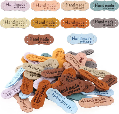 60Pcs Handmade Sewing Labels, PU Leather Labels Sewing Labels for Handmade Items with Hole DIY Sewing Lables for Embellishment Crochet Knitting Ha...
