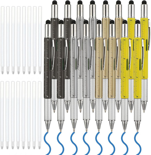 16 Pcs Blue Ink Multi Tool Tech Pen Gift Pen for Men Dad Screwdriver Pen with Ruler 6 in 1 Ballpoint Pen and Pen Refills (Yellow,Black,Glod,White)...