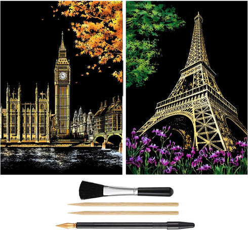 Scratch Painting Kits for Adults & teens, Craft Art Set, Rainbow Scratch Art Painting Paper, Sketch DIY Night View Scratchboard, 16'' x 11.2'' Cre...