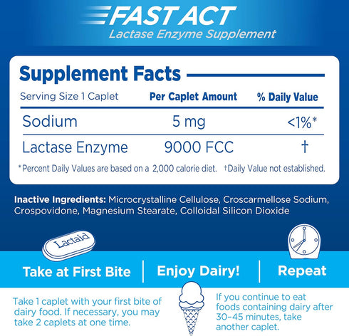 Lactaid Fast Act Lactose Intolerance Caplets with Lactase Enzyme to Prevent Gas, Bloating & Diarrhea Due to Digesting Dairy, Ideal for Travel & On...