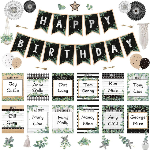 48 Pcs Classroom Happy Birthday Bulletin Board Sets Decorations, Eucalyptus Greenery Plant Birthday Classroom Decor, Nature Birthday Chart Poster ...