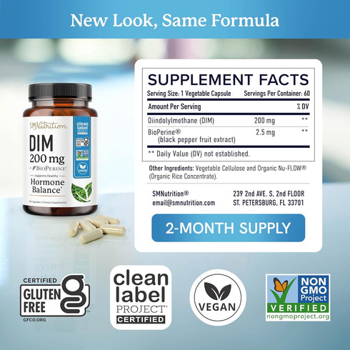 DIM Supplement 200 mg | Estrogen Balance for Women & Men | Hormonal Acne, Hormone Balance, Menopause & Antioxidant Support | Clean Label Project C...