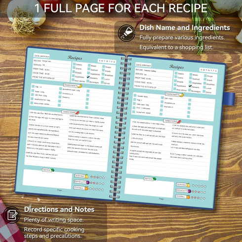 Recipe Book to Write in Your Own Recipes, Blank Recipe Notebook with Tabs for Family Cooking Lover, 120 Pages Recipe Organizer, 8.5 x 5.5", Blue...