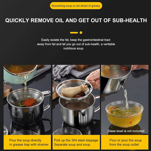 Stainless Steel Fat Separator 4 Cup/1000ML Gravy Grease Separator with Strainer and Glass Lid, Soup Oil Separator Cup for Cooking, Oil Soup Separa...