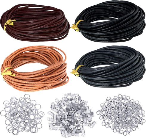 Leather Cord for Jewelry Making Kit, 24 Meters 2 mm Wide Leather Cord Leather Jewelry Rope and 250 Pieces Jewelry Findings Necklace Bracelets Craf...