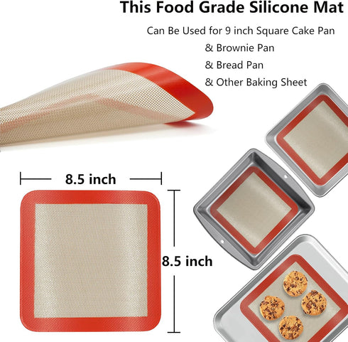 Square Silicone Baking Mats for 9 Inch Cake Pan, 8.5" Food Grade Non-stick Reusable Silicone Mat for Baking Pan for Bread/Pastry/Toast/Pie, Profes...