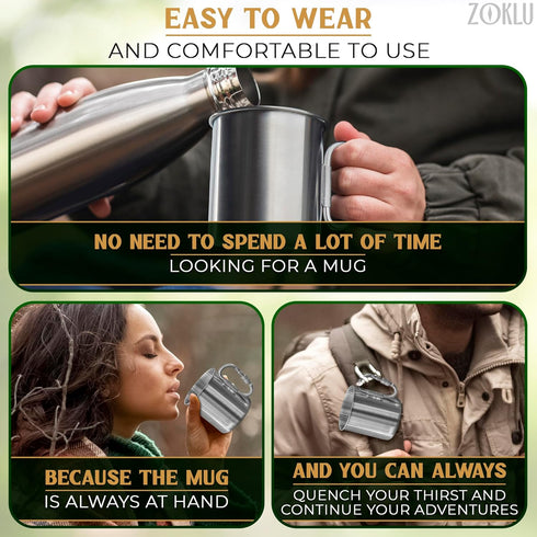 Stainless Steel Mug with Handle - Coffee Camping Mug with Carabiner Handle Portable Backpack Outdoor Cup Lightweight Camping Gear for Men - 13.5Oz...