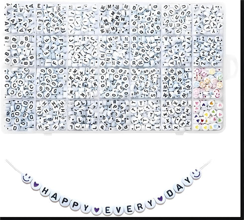 Alphabet Beads A-Z 1400Pcs Letter Beads, Acrylic 4x7mm Round Letter Beads Kits,Black Digit and Colorful Smile Beads for Bracelets Necklaces DIY Je...