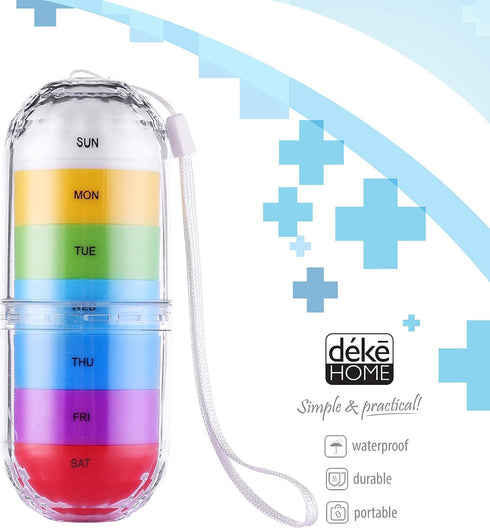 Deke Rainbow 7 Day Waterproof Pill Organizer case Tower Box Medicine Planner case (Seven Day Weekly Travel Container) Medication, Vitamin Holder O...