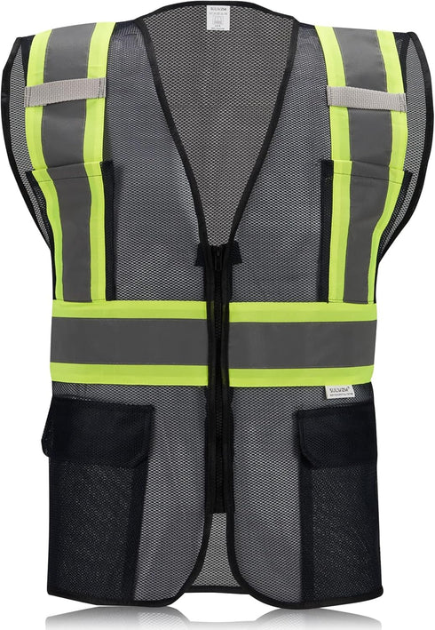 High Visibility Reflective Safety Vest with Zipper and Pockets Translucent Black,L...