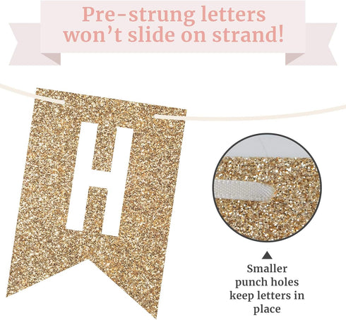 Pre-strung Happy Birthday Banner - No DIY - Gold Glitter Birthday Party Banner - Pre-strung Garland on 6 ft Strands - Gold Bday Party Decorations ...