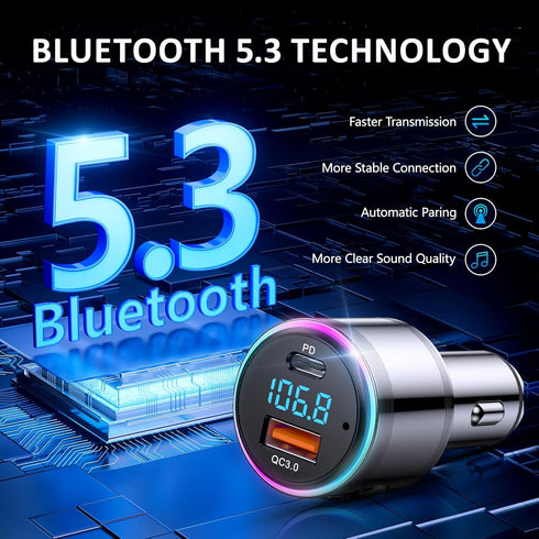 LENCENT Bluetooth 5.3 FM Transmitter,Full Metal Bluetooth car Adapter with PD 20W & QC3.0 Fast Charger,Hi-Fi Music/Clear Calling car FM Bluetooth ...