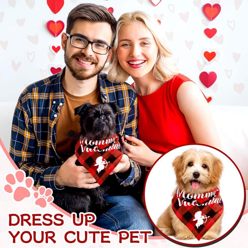 2 Pieces Valentines Day Dog Bandana Buffalo Plaid Valentine Scarf Red Black Checked Puppy Bandanas Personalized Dog Bandana Custom Dog Bandana for...