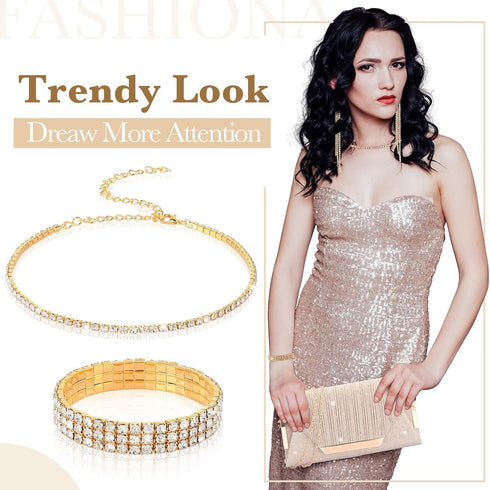 4 Pieces Women Rhinestone Evening Clutch Bag Ear Clip Bridal Wedding Choker Bracelet Dangle Bling Glitter Purse for Party (Golden)...