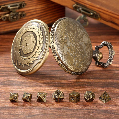 Mini DND Dice Set Steampunk Dragon Bronze Pocket Watch Shell Case, 7pcs Polyhedral Metal D&D Dice Set, DND Gifts with Gift Box for Men Player, Rol...