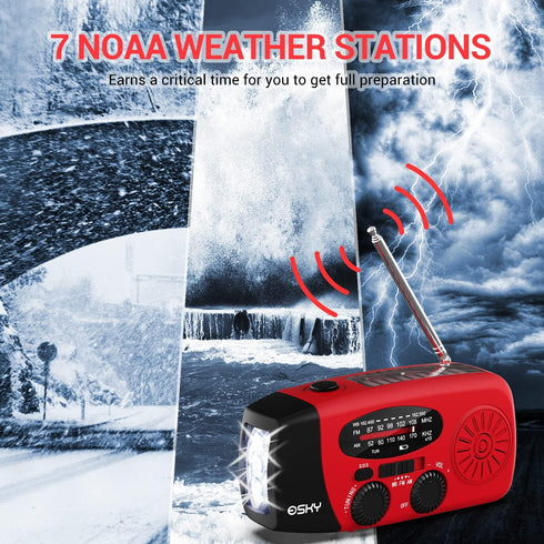 Esky Emergency Hand Crank Radio with 3 LED Flashlight, AM/FM/NOAA Portable Weather Radio with 2000mAh Power Bank Phone Charger, Solar Powered Rech...