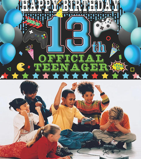 13th Video Game Happy Birthday Decorations Backdrop Banner, 13th Official Teenager Birthday Party Decorations Photo Background 13th Backdrop for B...