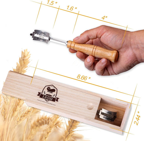 Hand Crafted Bread Lame Dough Scoring Tool in Wooden Storage Box for Sourdough Bread Baking - Dough Scoring Knife with 10 Extra Blades and a Prote...
