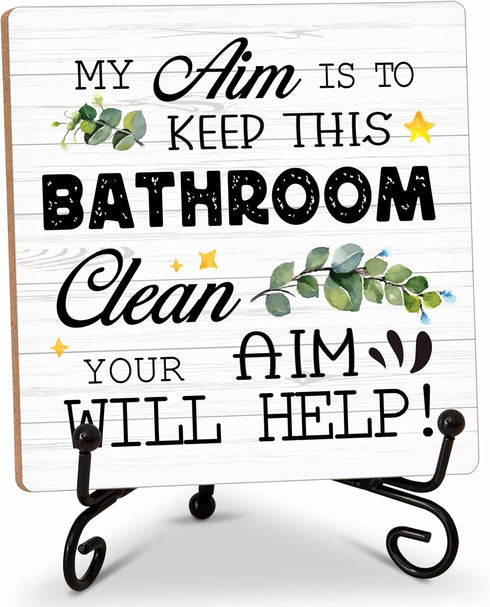 Bathroom Decor Wood Sign, My Aim Is To Keep This Bathroom Clean Wood Block, 5x5 Inch Wood Sign Comes With Iron Stand, Perfect For Home Bathroom To...