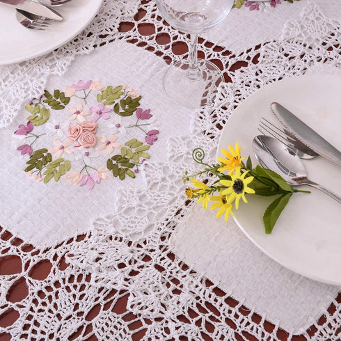 Handmade Crochet Cotton Lace Table Runner Dresser Scarf, Ribbon Embroidery (17 x 56 inches)...